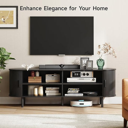 ONBRILL 63" TV Stand with Power Outlet for TVs up to 70 Inch, Entertainment Center with Storage and Adjustable Shelves, Modern Media Console with Sliding Doors for Living Room, Black