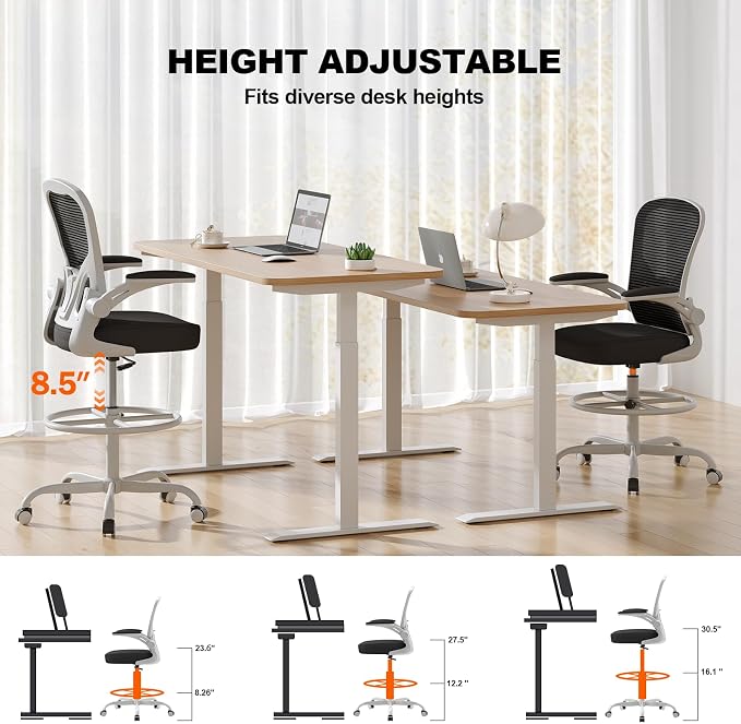 Synorla Ergonomic Drafting Chair, Tall Mesh Office Chair with Flip-up Armrests, Lumbar Support Adjustable Footrest Ring for Standing Desk Gray Pink