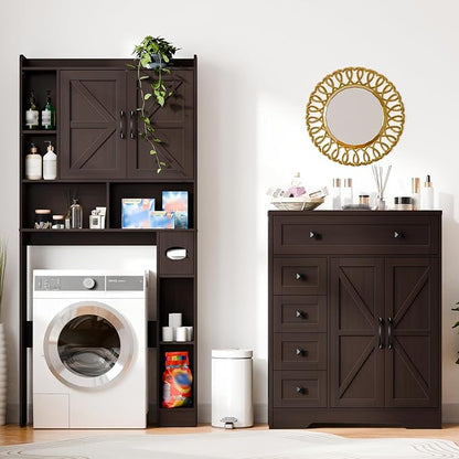 Vabches Farmhouse Storage Cabinet with 2 Doors and 5 Drawers, Freestanding Bathroom Cabinets Kitchen Pantry, Floor Storage Cabinet Hutch Cupboard for Living Room/Bathroom/Kitchen.（Espresso