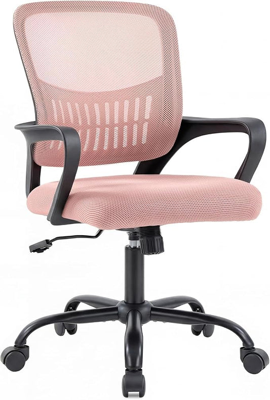 DUMOS Home Office Chair - Ergonomic Mid Back Mesh Desk Chair with Lumbar Support & Rocking Mode, Height Adjustable with Fixed Armrest, for Conference, Computer, 360° Swivel, Adults, Pink