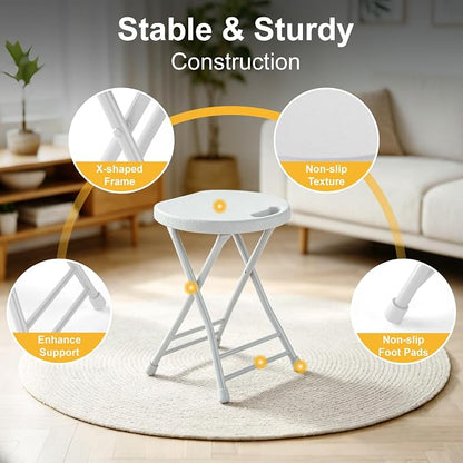 Folding Stool, 18 Inch Foldable Stool with Handle & Steel Frame, Folding Bar Stools, 500lbs Sturdy Foldable Lightweight Metal Chair for Camping, Indoor and Outdoor, White