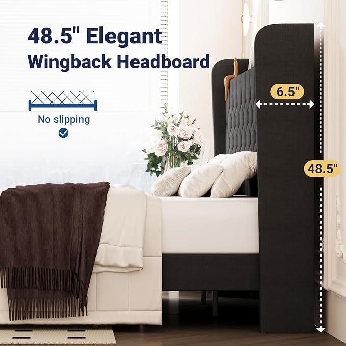 Allewie King Size Bed Frame, Storage Headboard with Charging Station,Wingback Linen Upholstered, Diamond Stitched Button Tufted, Sturdy Wooden Slats, No Box Spring Needed, Easy Assembly, Dark Gray