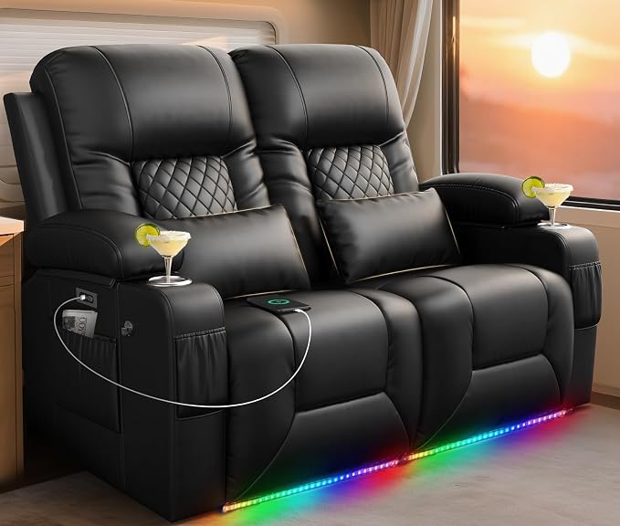Power RV Loveseat Recliner Sofa, Reclining Loveseat Home Theater Seating with USB Ports, Cup Holders, Wall Hugger Recliners for Movie Room, Recline Movie Seats Gaming Sofa, Black