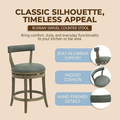 ROME + OAK Ruxban 26" Counter Stool, Low Back Swivel Barstools | Ruxban, 26 In. Seat Height, Vegan Leather Seat, Wood Counter Stool, Modern Counter Stool