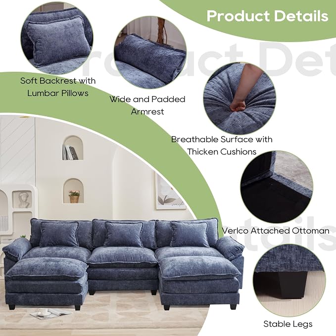 Oprisen 120" Modular Sectional Sofa, Comfy Cloud Couch Sectional Sofa with Ottoman, Chenille Sofa Sleeper Deep Seat Sofa with Throw Pillows for Living Room (Blue, 120"- U Shape)