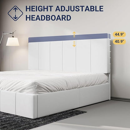 Allewie King Size Dutch Velvet Upholstered Platform Bed Frame/Vertical Channel Tufted Adjustable Headboard/Low Profile Bed Frame/No Box Spring Needed/Easy Assembly/White