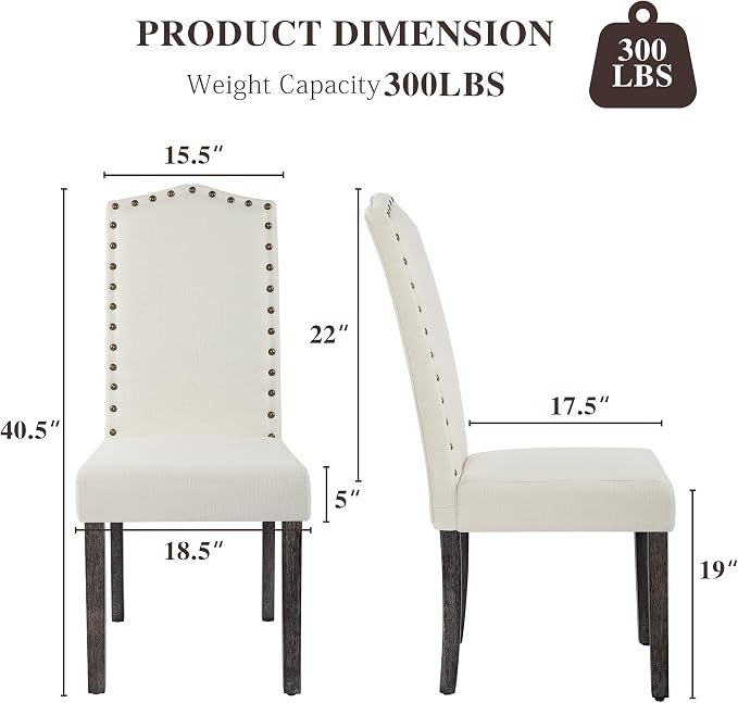 LSSBOUGHT Dining Chairs Set of 2, Upholstered Parsons Dining Room Chairs Fabric Kitchen Chairs with Solid Wood Frame and Nailhead Trim(Beige, 2PCS)