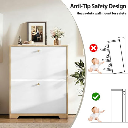 Nicetree Shoe Cabinet with 2 Flip Drawers, Narrow Shoe Organizer Cabinet, Freestanding Shoe Rack Cabinet, Modern Shoe Storage Cabinet for Entryway, Hallway, Foyer, Natural Oak and White