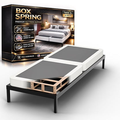 Box Spring Bed Base Twin XL Size, 4-Inch Wood Mattress Foundation – Amish Made in USA – Quiet Noise Free, Under Mattress-Support BoxSpring, Fully Assembled, White