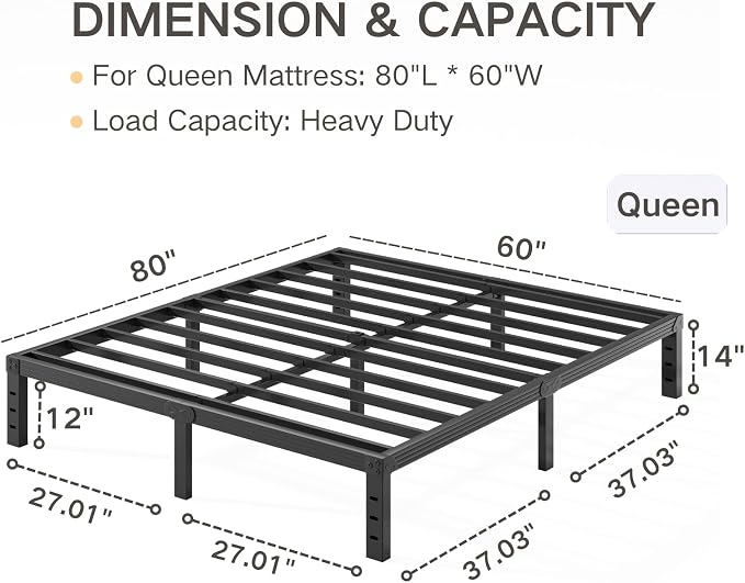 Queen Bed Frame Heavy Duty,14" High Black Metal Platform Bed Frame,Sturdy Steel Frame,Support up to 3500lbs,No Box Spring Needed,Noise-Free,Easy Assembly