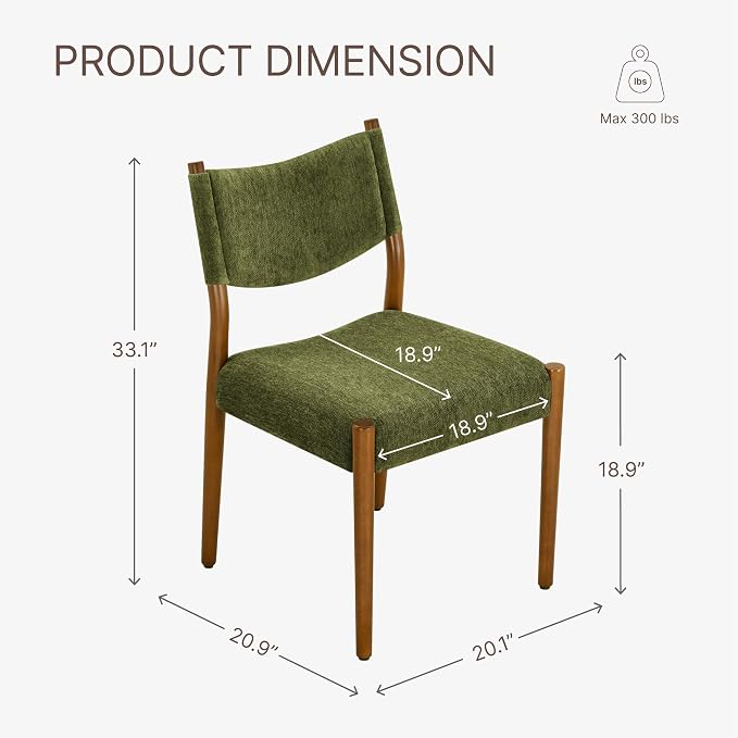 KISLOT Upholstered Dining Chairs Set of 2, Solid Wood Armless Kitchen Chairs with Soft Polyester Fabric, 18.9" Seat Height, Modern Dining Room Seating, 300 lbs Capacity, Green