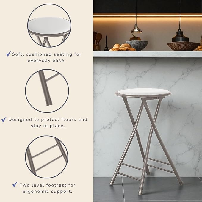 Lavish Home Folding Stool - Set of 2 Counter Height Bar Stools – 24-Inch Backless Folding Chairs with 225lb Capacity for Kitchen, Rec Room, or Game Room (White)