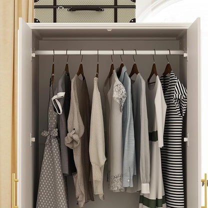 ECACAD White Wardrobe Armoire with 4 Doors, 3-Tier Shelves & Hanging Rod, Wooden Closet Storage Cabinet for Bedroom (30.2”W x 19.3”D x 74.8”H)