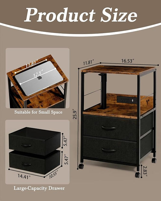 Faesun Swivel Lift Top Nightstand with Charging Station, Rolling Side Table for Recliner, Bedside Table with Wheels & 2 Fabric Drawers, for Small Spaces, for Bedroom, Living Room, Brown Black