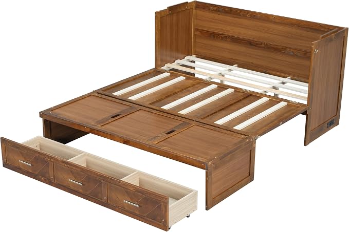 Bellemave Queen Murphy Bed with Charging Station and Storage, Farmhouse Murphy Bed with Foldable Panel for Guest Bedroom, Living Room, Office, Walnut