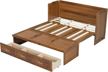 Bellemave Queen Murphy Bed with Charging Station and Storage, Farmhouse Murphy Bed with Foldable Panel for Guest Bedroom, Living Room, Office, Walnut