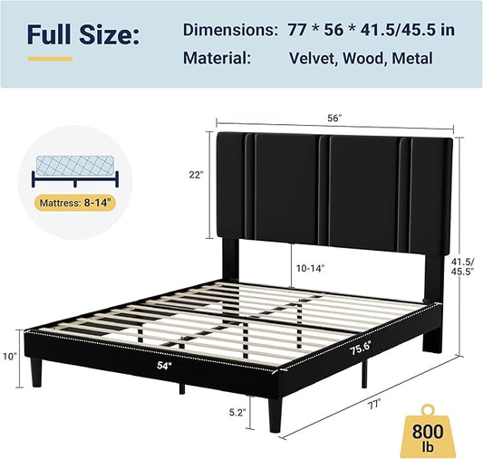 Allewie Full Size Platform Bed Frame with Adjustable Headboard, Plush Velvet Upholstered, Vertical Channel Tufted, Sturdy Wooden Slats, No Box Spring Needed, Easy Assembly, Black