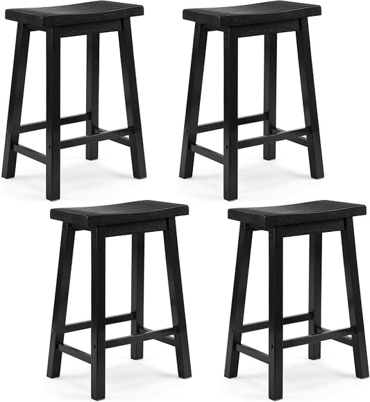 PJ Wood Classic Saddle-Seat 24'' Tall Kitchen Counter Stool for Homes, Dining Spaces, and Bars with Backless Seat, 4 Square Legs, Black (4 Pack)