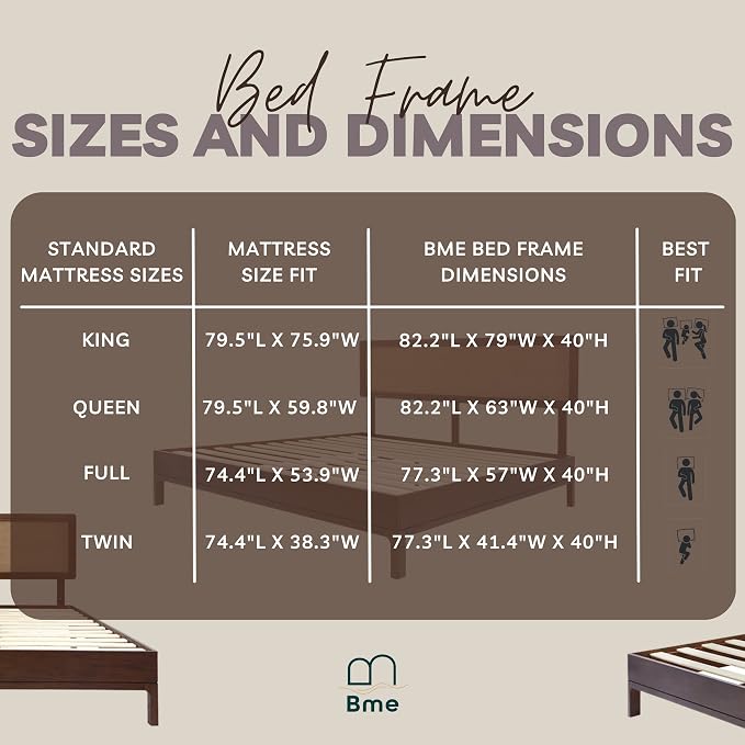 Bme Nipe Queen 14 Inch Bohemian Bed Frame with Adjustable Woven Headboard - Rustic & Vintage Unique Style with Acacia Wood - No Box Spring Needed - Easy Assembly - Walnut