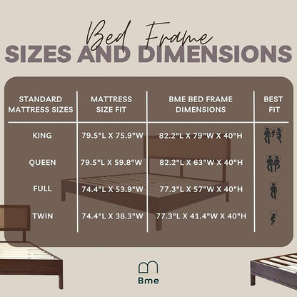 Bme Nipe Queen 14 Inch Bohemian Bed Frame with Adjustable Woven Headboard - Rustic & Vintage Unique Style with Acacia Wood - No Box Spring Needed - Easy Assembly - Walnut