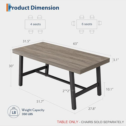 GarveeHome Industrial Dining Table for 4-6 People, 63" Long Kitchen Table with Sturdy Metal Frame, Rectangular Counter for Dinner, Kitchen, Dining Room (Grey Walnut, 63" Non-extendable)