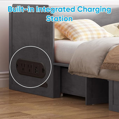 Mjkone Murphy Bed with Tri-Folding Mattress, Queen Hidden Cabinet Bed with Built-in USB Charging Station and 2 Storage Drawers, Foldable Wall Cabinet Beds for Living Room/Guest Room/Apartment, Gray