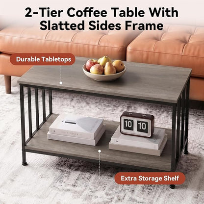 SENIG 2-Tier Coffee Table 39.4" with Slatted Sides Frame, Grey Oak | Industrial Wood and Metal Center Table for Home Office Kitchen 39.4" L x 21.7" W