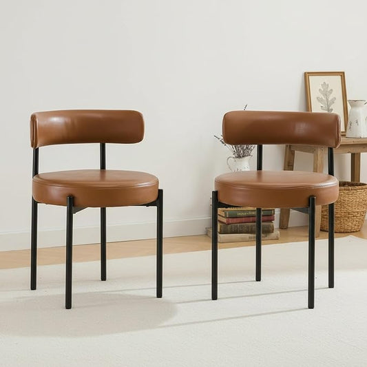 Faux Leather Dining Chairs Set of 2, Upholstered Kitchen and Dining Room Chairs, Mid-Century Modern Dining Chairs with Round Back and Black Metal Legs, Vegan Leather, Brown