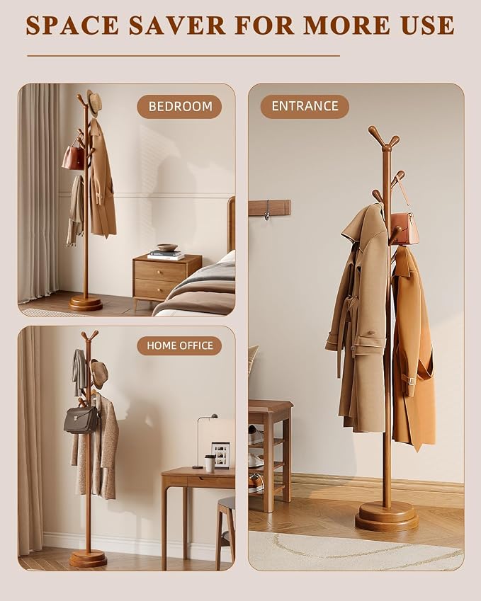 Freestanding Coat Rack, Solid Wood Coat Tree with 8 Smooth Rounded Hooks, Adjustable Height Heavy Duty Coat Rack with Dual-Layer Base, Holds Coats Hats Bags for Entryway, Bedroom, Living Room