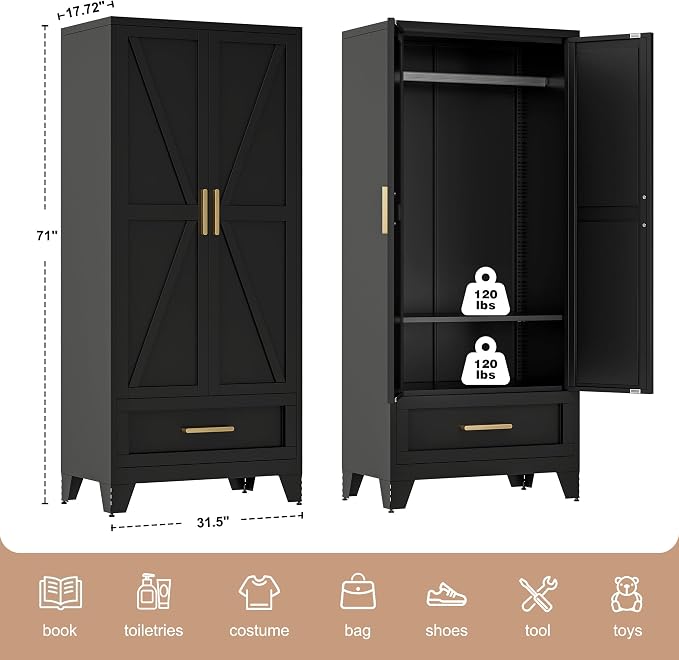 LCAOPC 71" Tall Metal Wardrobe Cabinet with Drawer and Hanging Rod, 2 Doors Armoire Wardrobe Closet with Shelf for Bedroom, Office, Laundry Room, Black