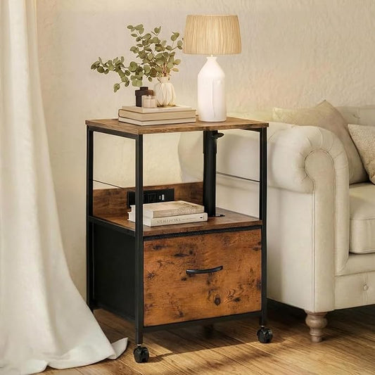 Faesun Swivel Lift Top Nightstand with Charging Station, Rolling Side Table for Recliner, Bedside Table with Wheels & a Fabric Drawer, for Small Spaces, for Bedroom, Living Room, Brown