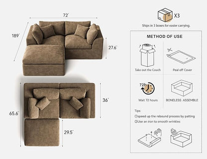 Loveseat Sofa with Ottoman | 72 Inch Modern Boneless Couch for Small Spaces | 2 Seater Small Sofa for Apartment Bedroom Living Room | Brown Love Seat
