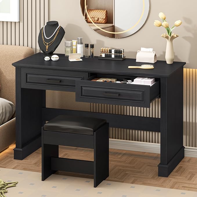 Vabches Farmhouse Executive Desk with Drawers, 48 Inch Simple Home Office Writing Desk, Computer Desk Workstation for Small Spaces, Bedroom Study Black
