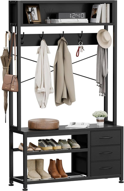 Lulive Hall Tree with Bench and Shoe Storage, 31.5" Coat Rack Freestanding with 2-Tier Storage Shelf, 6-in-1 Entryway Bench Coat Rack with 12 Hooks and 3 Drawers(Black)