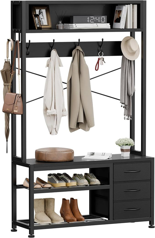 Lulive Hall Tree with Bench and Shoe Storage, 31.5" Coat Rack Freestanding with 2-Tier Storage Shelf, 6-in-1 Entryway Bench Coat Rack with 12 Hooks and 3 Drawers(Black)