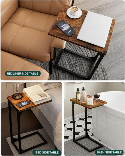 C-Shaped Side Table for Couch - Small Coffee Stand Sofa Tray Desk with Metal Frame and Waterproof Scratch Resistant, Modern End Accent for Living Room, Bedroom, Set of 2, Rustic Brown