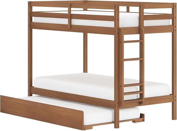 Grain & Grove Bear Twin Over Twin Bunk Bed with Trundle Bed, Sturdy Bunk Bed Frame for Kids, Plywood Bunk with Ladder, Guardrail, and Slats, No Box Spring Required, Oak Embossed Pecan