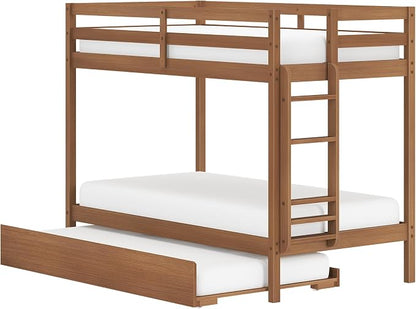 Grain & Grove Bear Twin Over Twin Bunk Bed with Trundle Bed, Sturdy Bunk Bed Frame for Kids, Plywood Bunk with Ladder, Guardrail, and Slats, No Box Spring Required, Oak Embossed Pecan