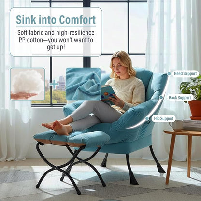 Furlide Lazy Chair with Ottoman, Modern Accent Chairs with Folding Footrest, Velvet Light Blue Sofa Chair Set, Reading Chairs, Oversized Armchairs for Bedroom, Study, Living Room, Courtyard