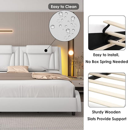 Keyluv King Size LED Bed Frame with Adjustable Headboard & Wave-Like Curve Safety Design, PU Leather Upholstered Platform Bed, Solid Wooden Slats Support, Easy Assembly, White