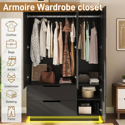 Hlivelood 3 Doors Armoire Wardrobe Closet with Mirror,2 Large Drawers, LED Light Wood Wardrobe Closet, Armoire with Hanging Rod for Bedroom, Black