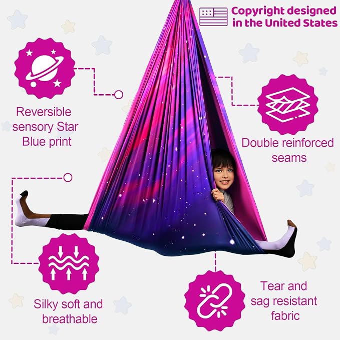 HiCamer Double Layer Sensory Swing for Kids & Adults Holds up to 300lbs Indoor and Outdoor Therapy Cuddle Swing with 360° Swivel Hanger Kit Adjustable with Aspergers Autism ADHD (Galaxy Purple)