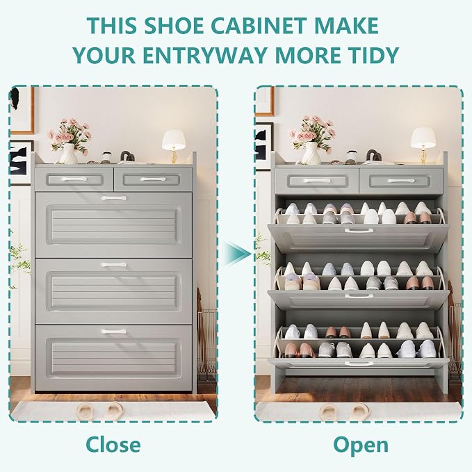 Shoe Cabinet with 3 Large Flip Drawers and 2 Storage Drawers, Narrow Shoe Organizer Cabinet Fits for Kinds of Shoes, Slim Shoe Storage Cabinet for Entryway, Hallway, Light Grey