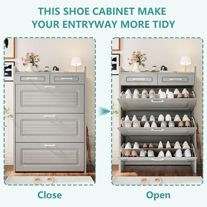 Shoe Cabinet with 3 Large Flip Drawers and 2 Storage Drawers, Narrow Shoe Organizer Cabinet Fits for Kinds of Shoes, Slim Shoe Storage Cabinet for Entryway, Hallway, Light Grey