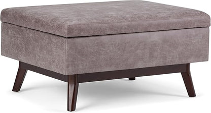 SIMPLIHOME Owen Coffee Table Storage Ottoman - 34" Wide x 19" High Upholstered Vegan Leather Rectangular Lift-Top Ottoman in Distressed Grey Taupe, Mid-Century Modern Bench with Tapered Legs