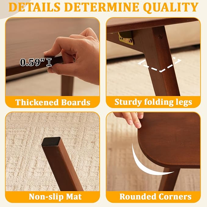 Baveke Folding Coffee Table- Foldable Floor Tables, Mid Century Coffee Table for Living Room, Small Coffee Tables Solid Wood Japanese Low Table for Sitting on Floor, No Assembly, 39.4''-Brown