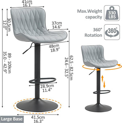 Finnhomy Bar Stools Set of 2, Modern 360° Swivel Faux Leather Bar Stools, 24"-32.5" Seat Height with Back, 330 lbs Capacity, SGS Gas Lift, Upholstered Kitchen Chairs for Kitchen Island, Grey