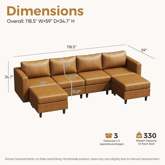 ABCASA Faux Leather Sectional Couch, 118.5" 6 Seater U Shaped Modular Leather Sofa with Movable Ottoman and Storage Seat with Reversible Chaise Deep Seat for Living Room Brown