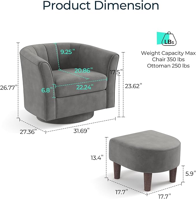 LINSY Swivel Accent Chair Ottoman Set: Velvet Larege Barrel Chair with Foot Rest, Modern Reading Chair Upholstered Armchair with Footrest for Living Room Bedroom Study Room Office (Grey)