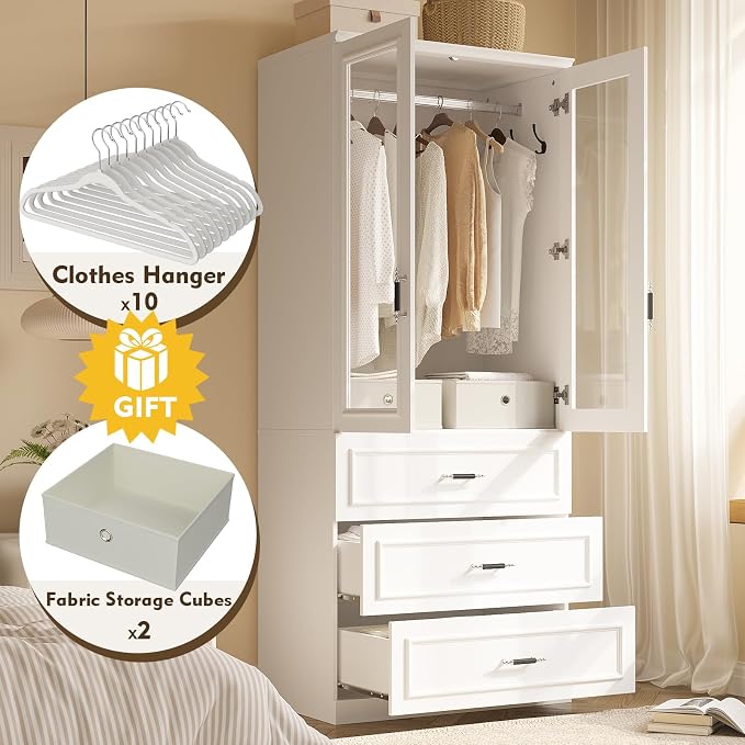 MEISSALIVVE Armoire Wardrobe Closet with 2 Door & 3 Drawers, 74.8" Large Wardrobe Cabinet with Hanging Rod, Freestanding Modern Bedroom Armoire Storage Cabinet, White